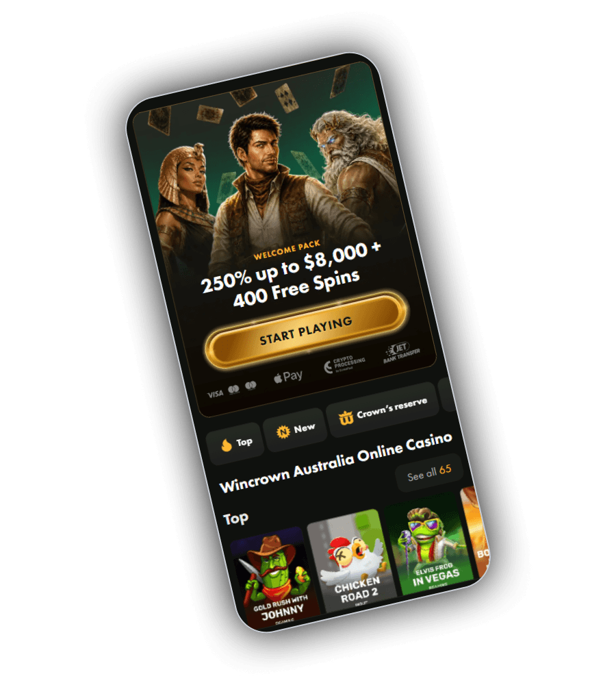 WinCrown welcome offer of four deposit bonuses to eight thousand dollars with 400 free spins and daily cashback