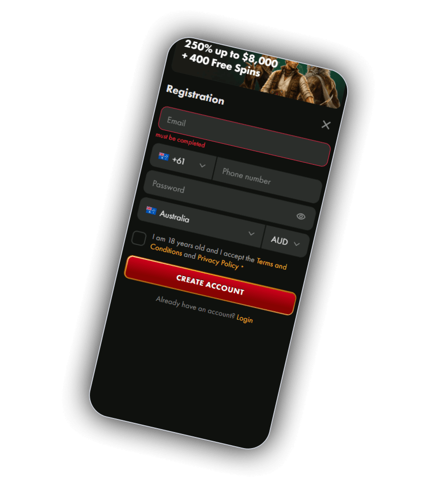 WinCrown registration form asking for email, phone, password, country, currency and age confirmation